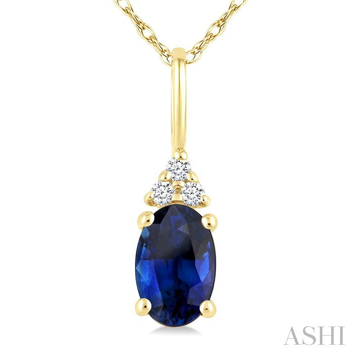 1/50 Ctw Oval Cut 6X4 MM Sapphire and Round Cut Diamond Precious Pendant With Chain in 14K Yellow Gold