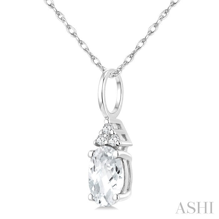 1/50 Ctw Oval Cut 6X4 MM White Topaz and Round Cut Diamond semi-precious Pendant With Chain in 14K White Gold