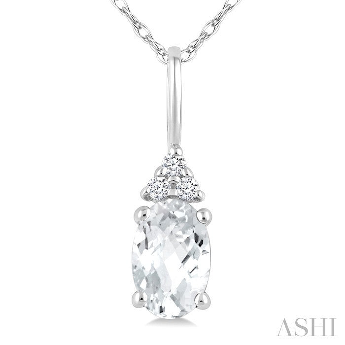 1/50 Ctw Oval Cut 6X4 MM White Topaz and Round Cut Diamond semi-precious Pendant With Chain in 14K White Gold