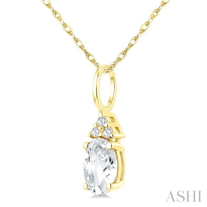 1/50 Ctw Oval Cut 6X4 MM White Topaz and Round Cut Diamond semi-precious Pendant With Chain in 14K Yellow Gold