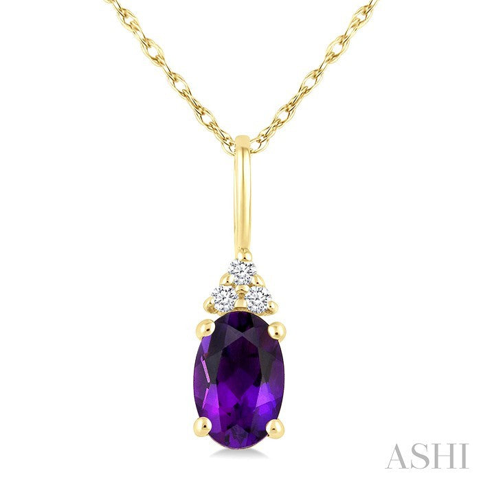 1/50 Ctw Oval Cut 6X4 MM Amethyst and Round Cut Diamond Semi Precious Pendant With Chain in 10K Yellow Gold
