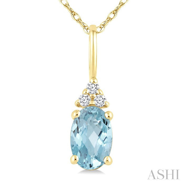 1/50 Ctw Oval Cut 6X4 MM Aquamarine and Round Cut Diamond semi-precious Pendant With Chain in 10K Yellow Gold