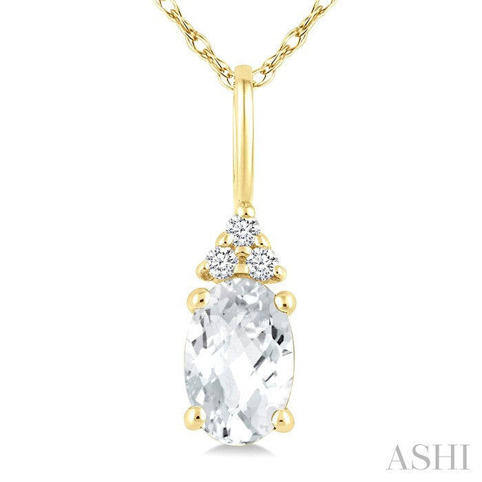1/50 Ctw Oval Cut 6X4 MM White Topaz and Round Cut Diamond semi-precious Pendant With Chain in 10K Yellow Gold