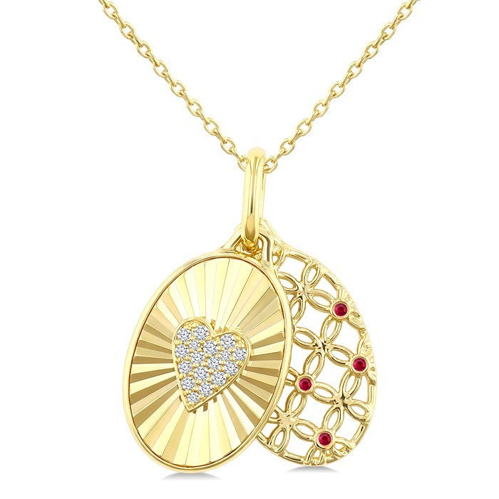 1 MM Round Cut Ruby and 1/10 Ctw Round Cut Diamond  Fluted Heart Shaped Precious Pendant with Chain in 10K Yellow Gold