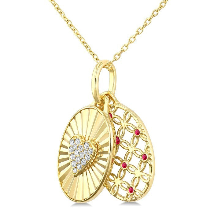 1 MM Round Cut Ruby and 1/10 Ctw Round Cut Diamond  Fluted Heart Shaped Precious Pendant with Chain in 10K Yellow Gold