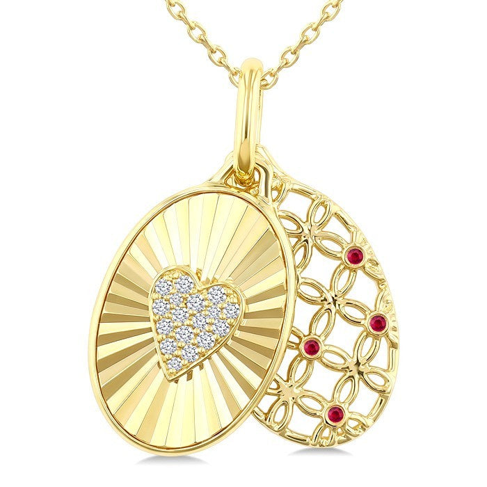1 MM Round Cut Ruby and 1/10 Ctw Round Cut Diamond  Fluted Heart Shaped Precious Pendant with Chain in 10K Yellow Gold