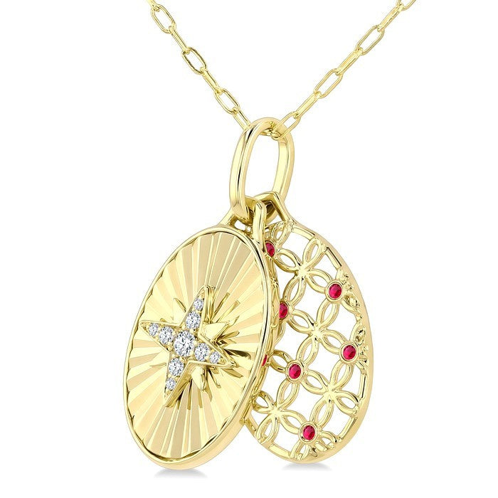 1 MM Round Cut Ruby and 1/20 Ctw Round Cut Diamond  Fluted Star Shaped Precious Pendant with Chain in 10K Yellow Gold