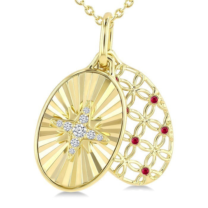 1 MM Round Cut Ruby and 1/20 Ctw Round Cut Diamond  Fluted Star Shaped Precious Pendant with Chain in 10K Yellow Gold