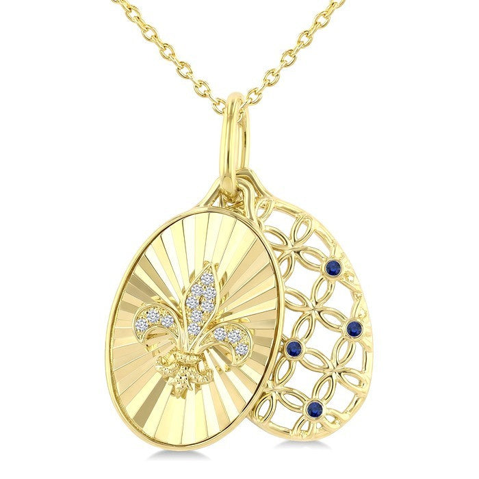 1 MM Round Cut Sapphire and 1/50 Ctw Round Cut Diamond  Fluted fleur De Lis Shaped Precious Pendant with Chain in 10K Yellow Gold