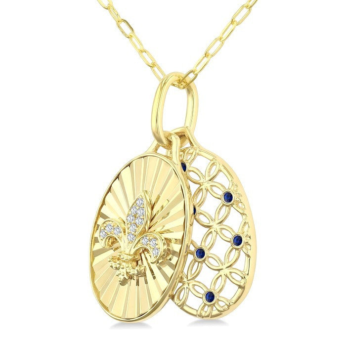 1 MM Round Cut Sapphire and 1/50 Ctw Round Cut Diamond  Fluted fleur De Lis Shaped Precious Pendant with Chain in 10K Yellow Gold