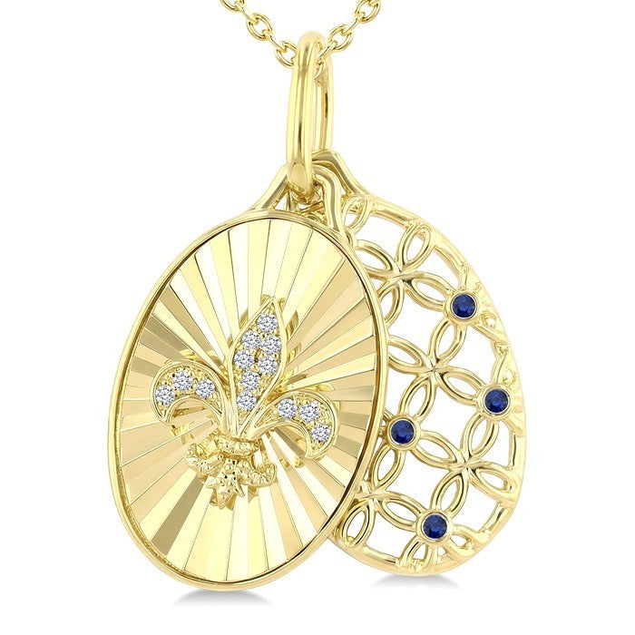 1 MM Round Cut Sapphire and 1/50 Ctw Round Cut Diamond  Fluted fleur De Lis Shaped Precious Pendant with Chain in 10K Yellow Gold