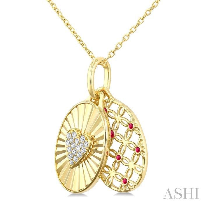 1 MM Round Cut Ruby and 1/10 Ctw Round Cut Diamond  Fluted Heart Shaped Precious Pendant with Chain in 10K Yellow Gold