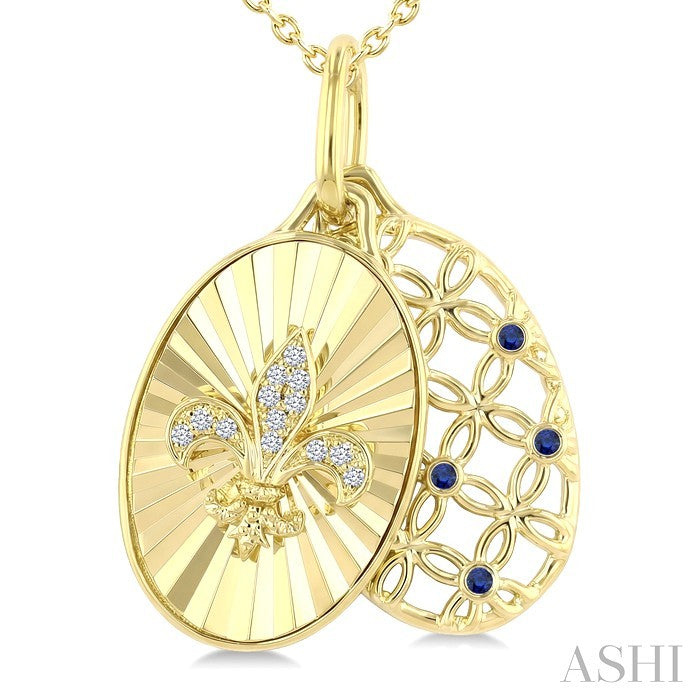 1 MM Round Cut Sapphire and 1/50 Ctw Round Cut Diamond  Fluted fleur De Lis Shaped Precious Pendant with Chain in 10K Yellow Gold