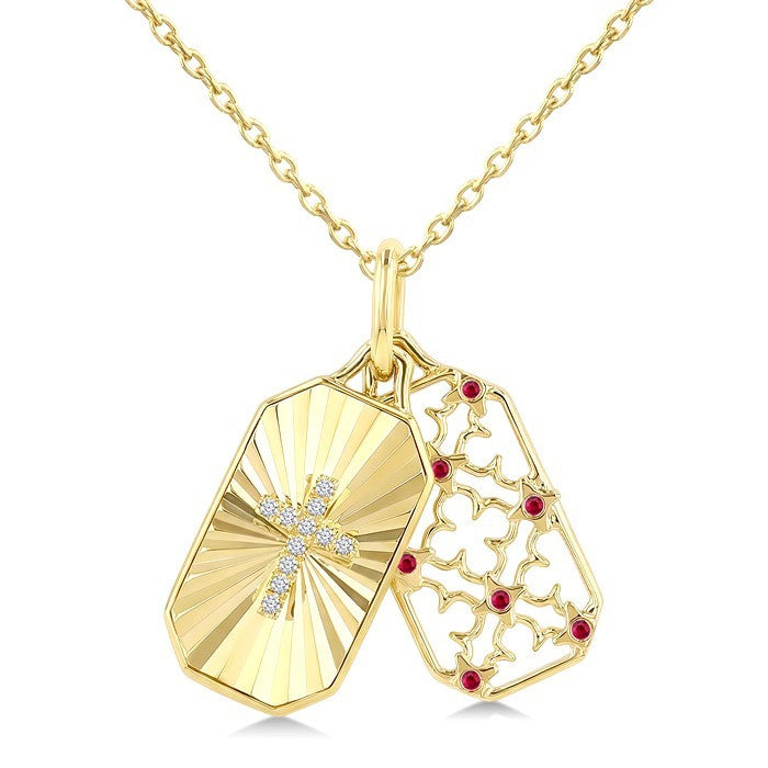 1 MM Round Ruby and 1/50 Ctw Fluted Texture & Cross Round Cut Diamond  Precious Pendant With Chain in 10K Yellow Gold