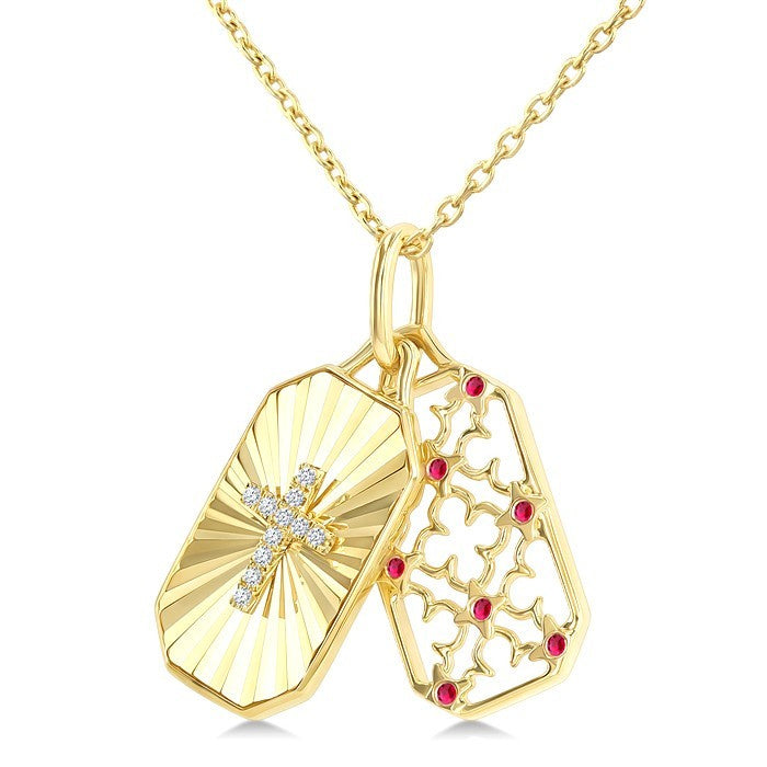 1 MM Round Ruby and 1/50 Ctw Fluted Texture & Cross Round Cut Diamond  Precious Pendant With Chain in 10K Yellow Gold
