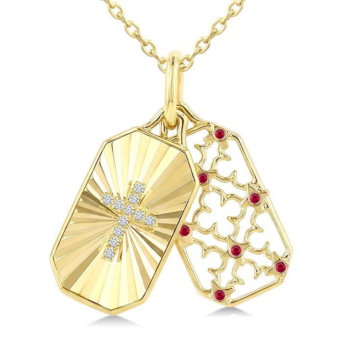 1 MM Round Ruby and 1/50 Ctw Fluted Texture & Cross Round Cut Diamond  Precious Pendant With Chain in 10K Yellow Gold