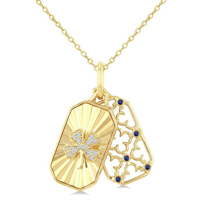 1 MM Round Sapphire and 1/20 Ctw Fluted Texture & Clover Round Cut Diamond  Precious Pendant With Chain in 10K Yellow Gold
