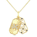 1 MM Round Sapphire and 1/20 Ctw Fluted Texture & Clover Round Cut Diamond  Precious Pendant With Chain in 10K Yellow Gold