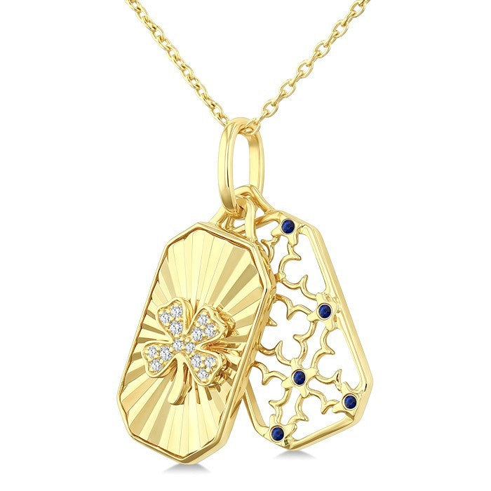1 MM Round Sapphire and 1/20 Ctw Fluted Texture & Clover Round Cut Diamond  Precious Pendant With Chain in 10K Yellow Gold