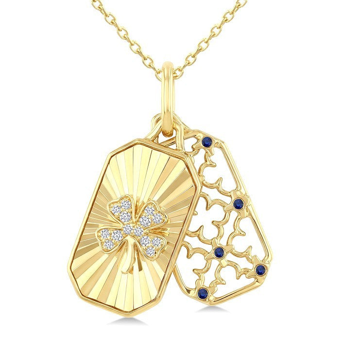 1 MM Round Sapphire and 1/20 Ctw Fluted Texture & Clover Round Cut Diamond  Precious Pendant With Chain in 10K Yellow Gold