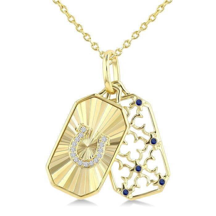 1 MM Round Cut Sapphire and 1/50 Ctw Round Cut Diamond  Fluted Horseshoe Shaped Precious Pendant with Chain in 10K Yellow Gold