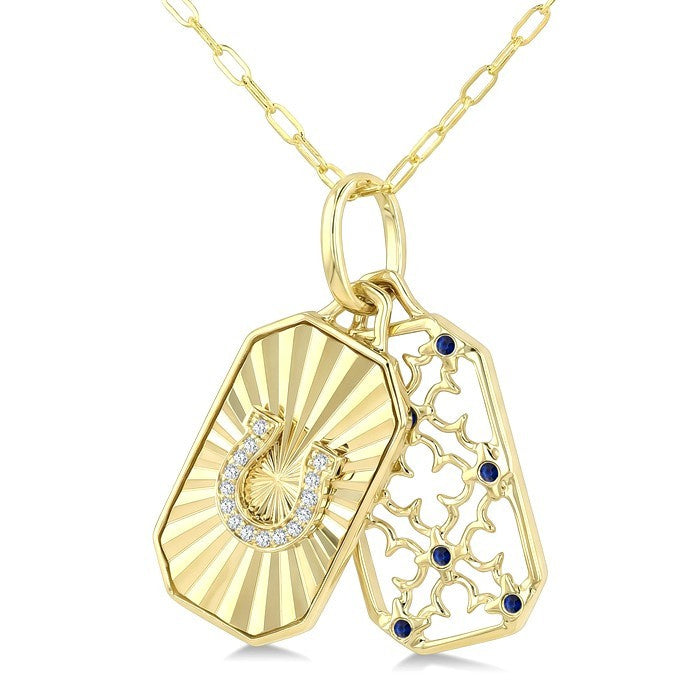1 MM Round Cut Sapphire and 1/50 Ctw Round Cut Diamond  Fluted Horseshoe Shaped Precious Pendant with Chain in 10K Yellow Gold