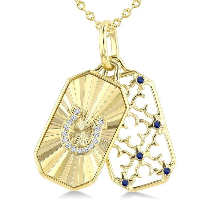 1 MM Round Cut Sapphire and 1/50 Ctw Round Cut Diamond  Fluted Horseshoe Shaped Precious Pendant with Chain in 10K Yellow Gold