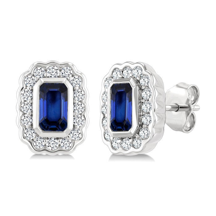 5X3 MM Octagon Shape Sapphire and 1/4 Ctw Round Cut Diamond Bold Precious Earrings in 10K White Gold