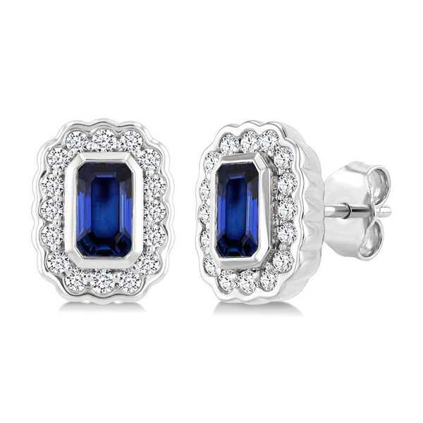 5X3 MM Octagon Shape Sapphire and 1/4 Ctw Round Cut Diamond Bold Precious Earrings in 10K White Gold