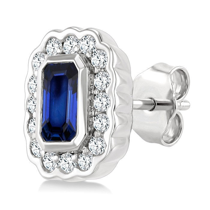 5X3 MM Octagon Shape Sapphire and 1/4 Ctw Round Cut Diamond Bold Precious Earrings in 10K White Gold