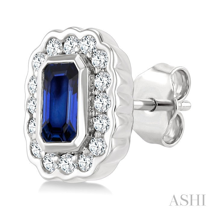 5X3 MM Octagon Shape Sapphire and 1/4 Ctw Round Cut Diamond Bold Precious Earrings in 10K White Gold