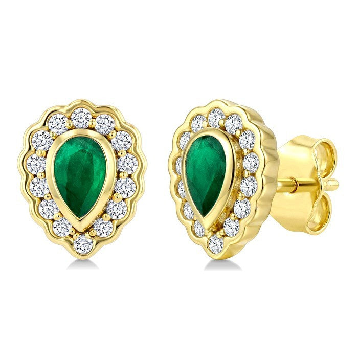 5X3 MM Pear Shape Emerald and 1/5 Ctw Round Cut Diamond Bold Precious Earrings in 10K Yellow Gold