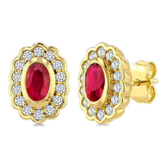 5X3 MM Oval Shape Ruby and 1/5 Ctw Round Cut Diamond Bold Precious Earrings in 10K Yellow Gold