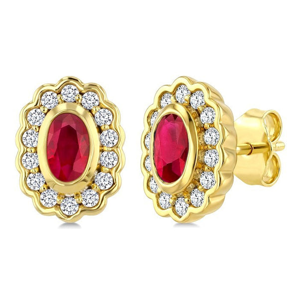 5X3 MM Oval Shape Ruby and 1/5 Ctw Round Cut Diamond Bold Precious Earrings in 10K Yellow Gold