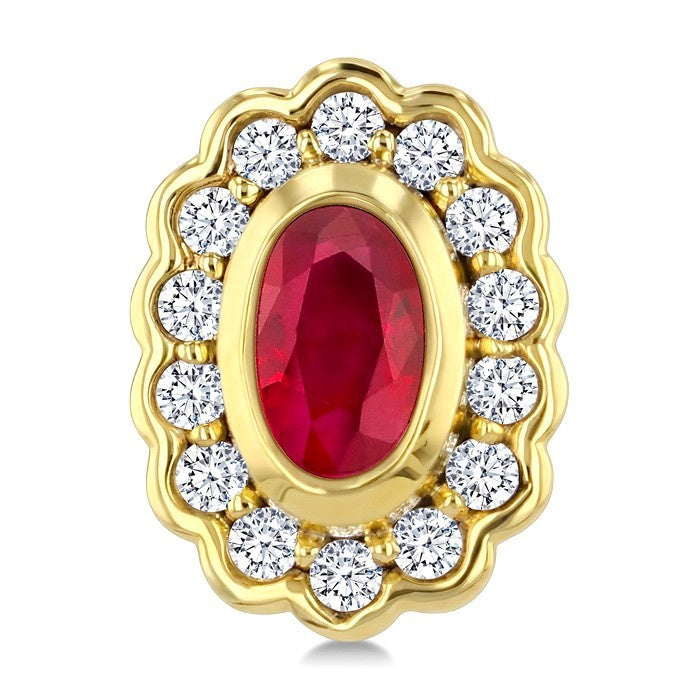 5X3 MM Oval Shape Ruby and 1/5 Ctw Round Cut Diamond Bold Precious Earrings in 10K Yellow Gold