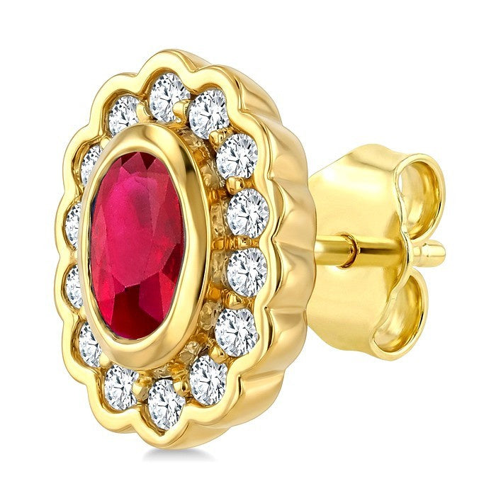5X3 MM Oval Shape Ruby and 1/5 Ctw Round Cut Diamond Bold Precious Earrings in 10K Yellow Gold