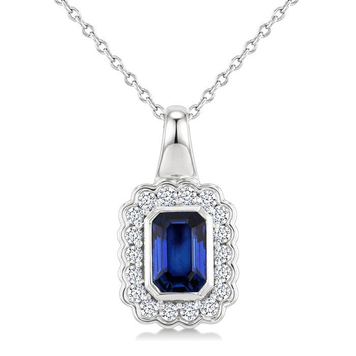 6X4 MM Octagon Shape Sapphire and 1/5 Ctw Round Cut Diamond Bold Precious Pendant With Chain in 10K White Gold