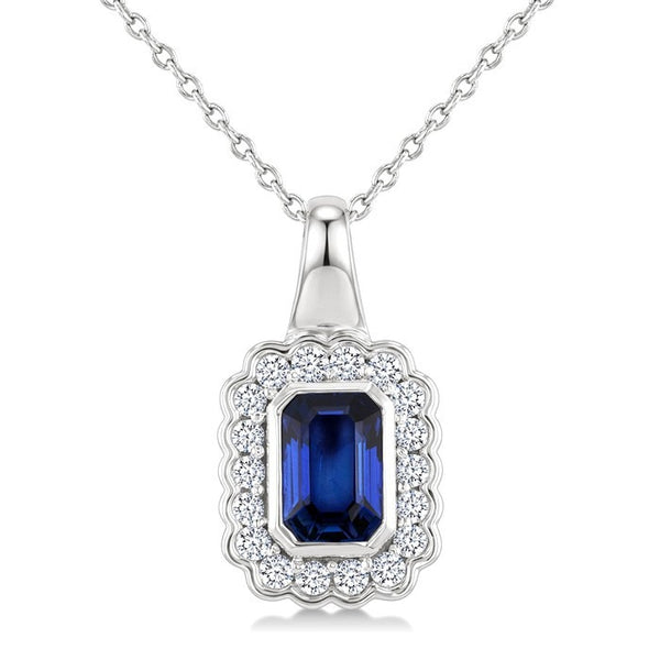 6X4 MM Octagon Shape Sapphire and 1/5 Ctw Round Cut Diamond Bold Precious Pendant With Chain in 10K White Gold