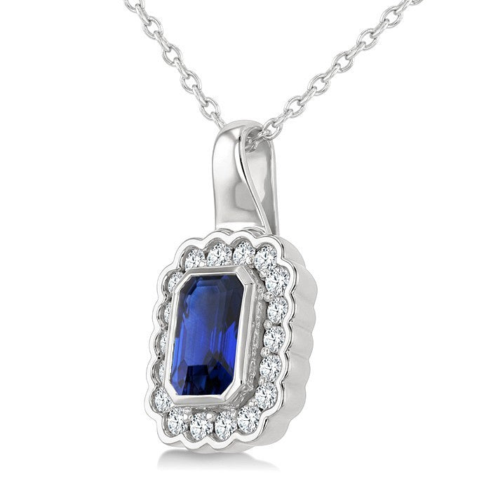 6X4 MM Octagon Shape Sapphire and 1/5 Ctw Round Cut Diamond Bold Precious Pendant With Chain in 10K White Gold