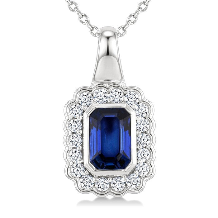 6X4 MM Octagon Shape Sapphire and 1/5 Ctw Round Cut Diamond Bold Precious Pendant With Chain in 10K White Gold