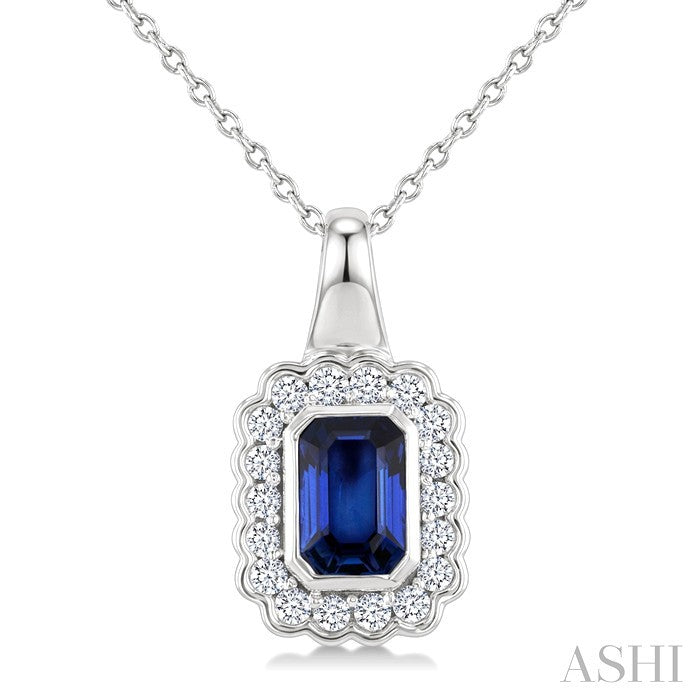 6X4 MM Octagon Shape Sapphire and 1/5 Ctw Round Cut Diamond Bold Precious Pendant With Chain in 10K White Gold