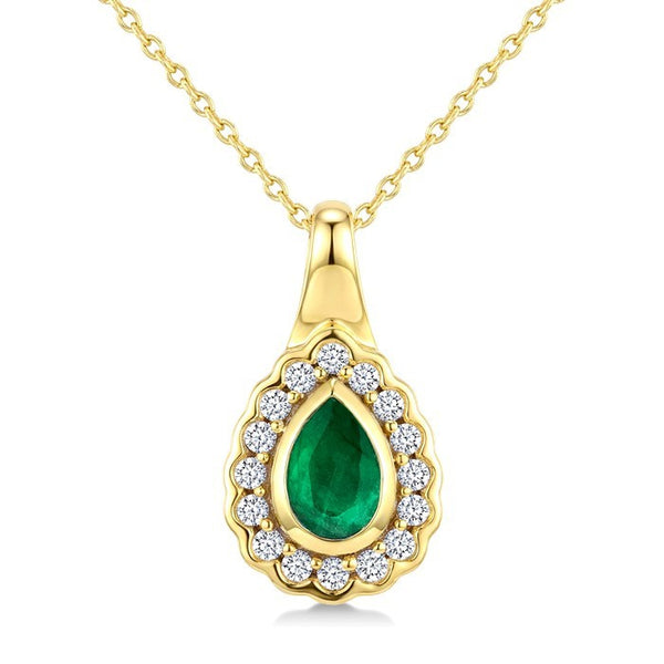 6X4 MM Pear Shape Emerald and 1/6 Ctw Round Cut Diamond Bold Precious Pendant With Chain in 10K Yellow Gold