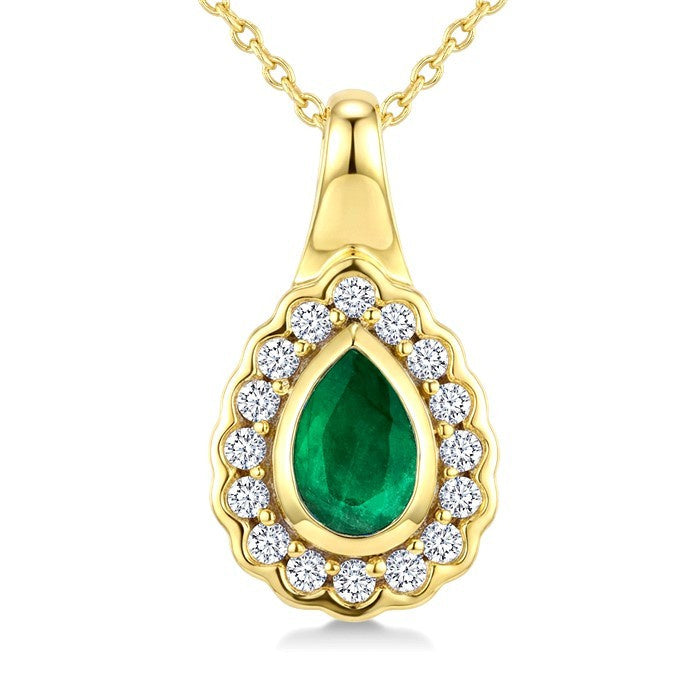 6X4 MM Pear Shape Emerald and 1/6 Ctw Round Cut Diamond Bold Precious Pendant With Chain in 10K Yellow Gold