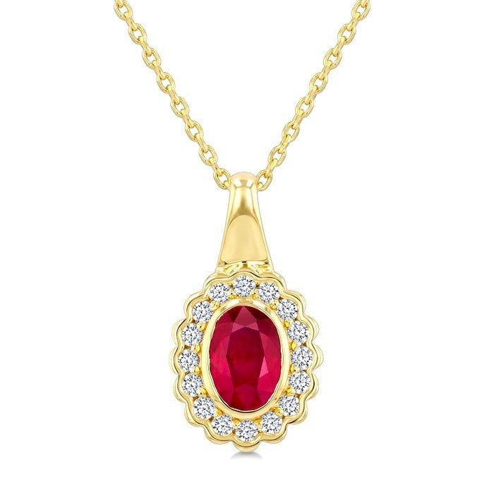 6X4 MM Oval Shape Ruby and 1/6 Ctw Round Cut Diamond Bold Precious Pendant With Chain in 10K Yellow Gold