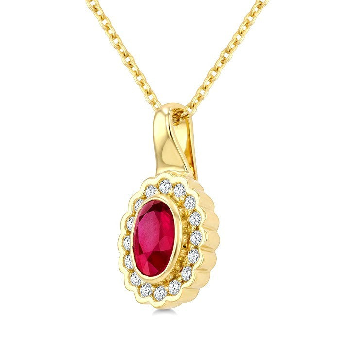 6X4 MM Oval Shape Ruby and 1/6 Ctw Round Cut Diamond Bold Precious Pendant With Chain in 10K Yellow Gold