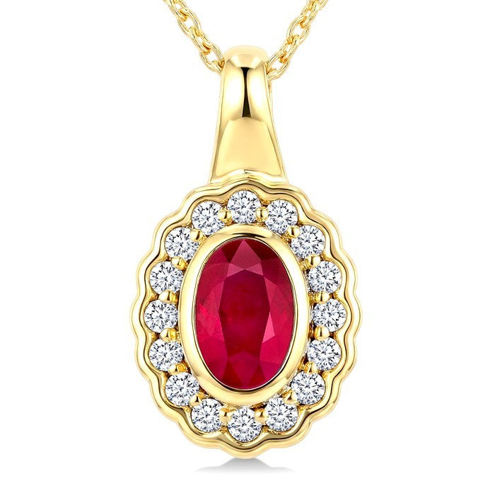 6X4 MM Oval Shape Ruby and 1/6 Ctw Round Cut Diamond Bold Precious Pendant With Chain in 10K Yellow Gold