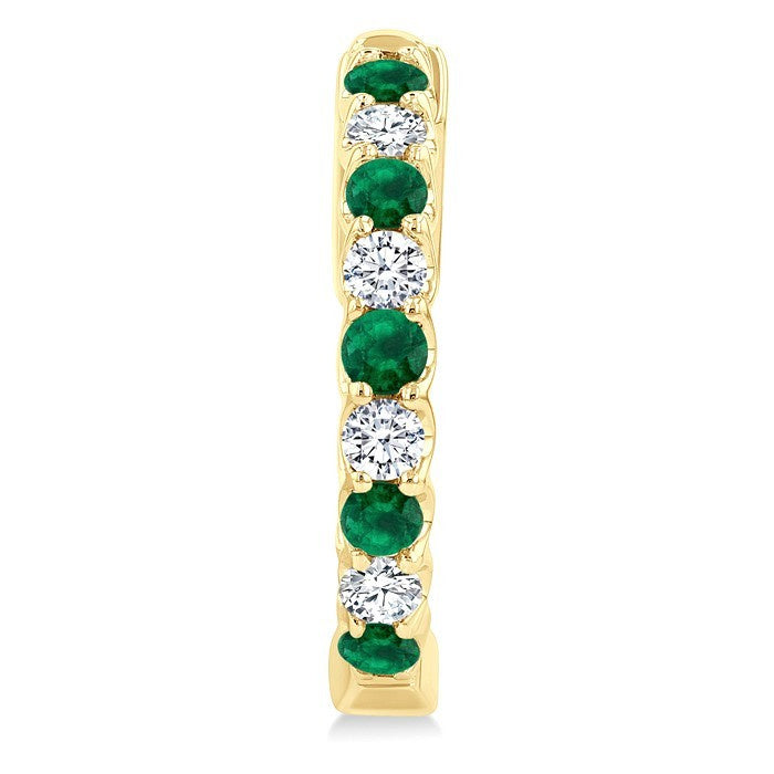 2.1 MM Round Shape Emerald and 1/2 Ctw Round Cut Diamond Inside & Outside Alternating Precious Hoop Earrings in 14K Yellow Gold