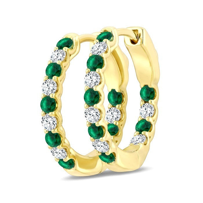 2.1 MM Round Shape Emerald and 1/2 Ctw Round Cut Diamond Inside & Outside Alternating Precious Hoop Earrings in 14K Yellow Gold