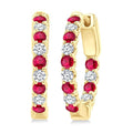 2.1 MM Round Shape Ruby and 1/2 Ctw Round Cut Diamond Inside & Outside Alternating Precious Hoop Earrings in 14K Yellow Gold