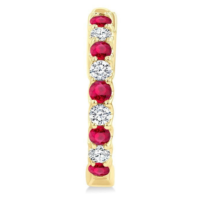 2.1 MM Round Shape Ruby and 1/2 Ctw Round Cut Diamond Inside & Outside Alternating Precious Hoop Earrings in 14K Yellow Gold